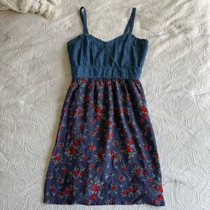 Rue21 Denim Bodice Blue Ref Floral Skirt Dress Button Tank Straps